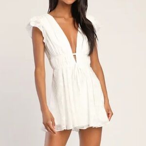 White Deep V Ruffle Sleeve Mini Romper